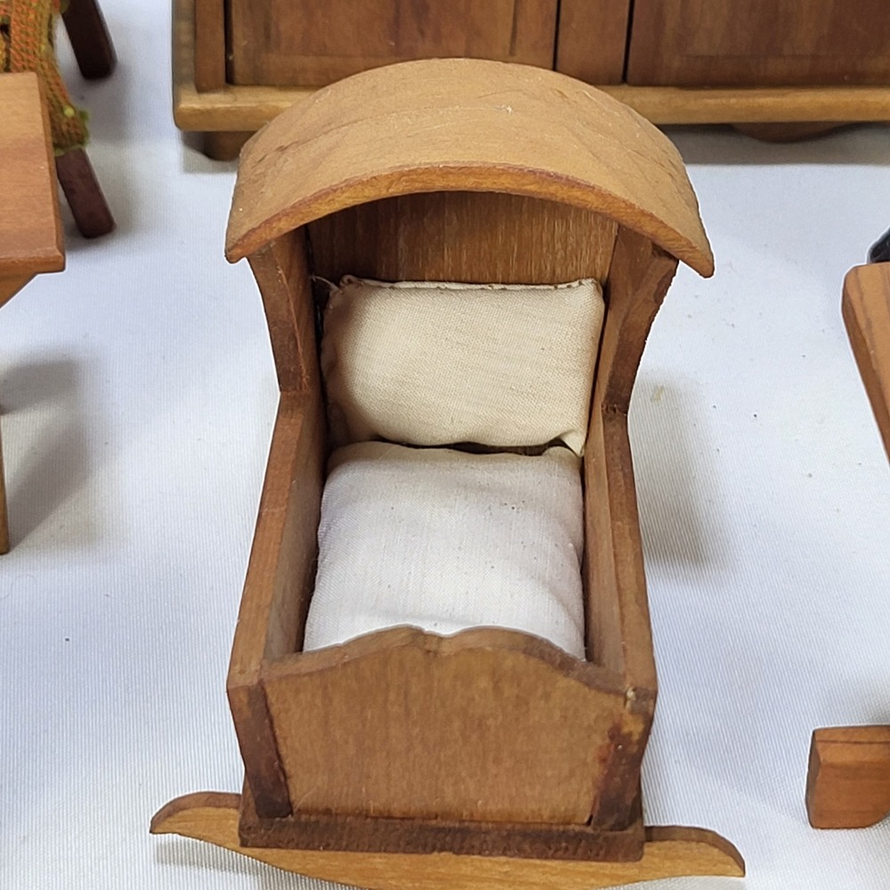 Large Lot VTG Dollhouse Furniture Wooden Miniature Sofa Chairs Fireplace Cradle - Picture 10 of 16